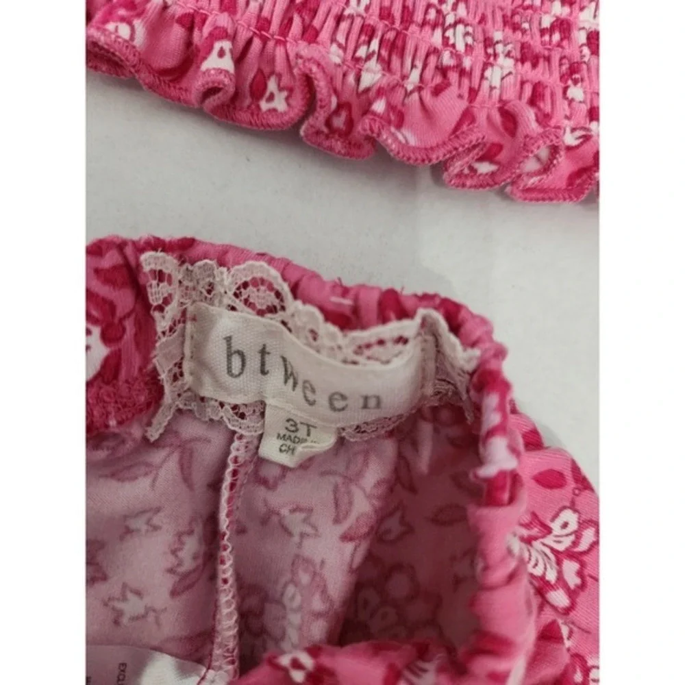 btween Girls Pink Floral Smocked Off Shoulder Crop Top Wide Leg Jumpsuit 3T - Picture 4 of 11